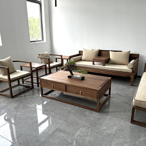 北美黑胡桃木实木客厅单人双人三人现代简约定制新中式直排大沙发