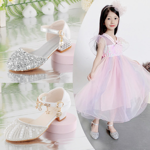 银色韩系儿童舞蹈高跟鞋水晶白色小皮鞋女童单鞋公主软底凉鞋钢琴
