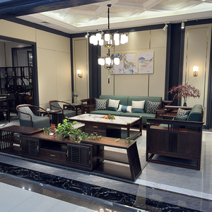 新中式实木沙发组合现代简约客厅乌丝檀木组合别墅高端皮质家具