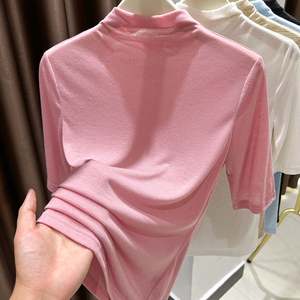天丝半袖T恤女2024春夏新款超薄半高领打底衫高级感粉色短袖上衣