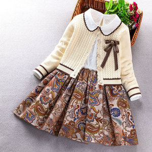爱丽宝麟包邮秋款韩版女童针织外套+长袖连衣裙两件套110-150码