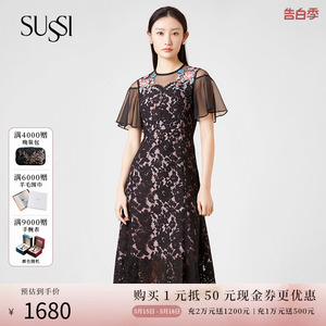 SUSSI/古色24夏商场同款黑色蕾丝刺绣收腰显瘦连衣裙女