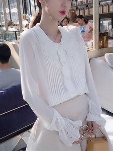 韩版气质荷叶边设计感仙气白色衬衫女夏洋气超仙雪纺…