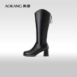 奥康女鞋 冬季新款时尚简约时装靴粗高跟黑色长筒靴子骑士靴