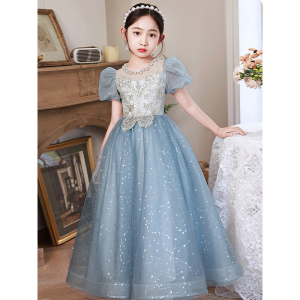 高端蓝色公主裙女童生日礼服儿童主持人花童婚礼小女孩钢琴演出服