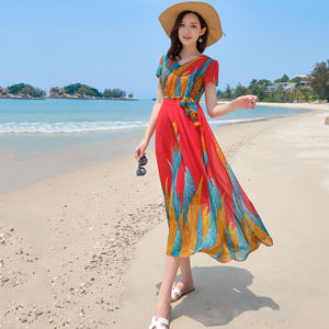 妈妈雪纺连衣裙2024高档女长裙超仙民族风气质显瘦海边度假沙滩裙
