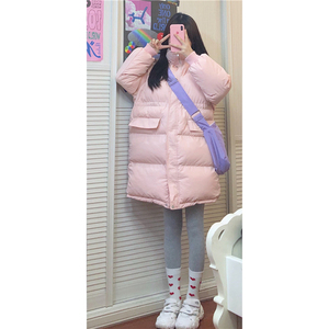 韩版宽松学院风中长款粉色羽绒棉服外套女冬季加厚保暖抽绳棉衣