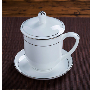 景德镇茶杯陶瓷带盖子办公室会议杯子银边骨瓷水杯定制LOGO