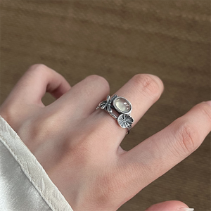 大仙的串儿物语《荷》天然葡萄石荷叶戒指925银指环新中式原创