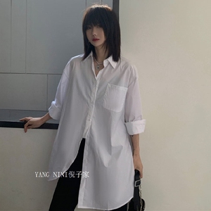 YANGNINI韩版BF风宽松白色衬衫女设计感不规则中长款长袖打底衬衣