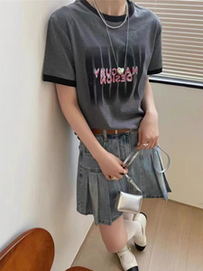 字母灰色短袖短款T恤女韩版时尚领子撞色小个人减龄百搭打底衫潮