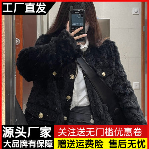 黑色小香风羊羔毛绒绒外套女冬季法式高级感夹棉加厚短款夹克上衣