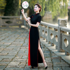 改良连衣裙中国风舞台装修身旗袍年轻款气质高端走秀演出服装黑色