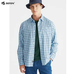 波顿春季长袖衬衫男士蓝色格子浅色衬衣商务百搭纯棉上衣