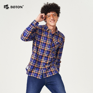 Boton/波顿商务休闲长袖格子衬衫男装春季款加厚纯棉修身男士衬衣