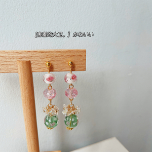 清凉花蜜原创设计复古可爱小众甜美花朵琉璃串珠粉色长款耳夹耳环