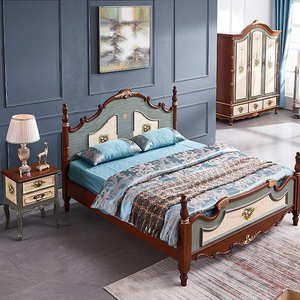 美式实木床卧室地中海风格1.8米1.5米双人床乡村田园彩绘复古做旧