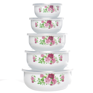 搪瓷碗带盖加厚密封保鲜碗盒水果花套装五件套保鲜泡面碗汤碗带盖