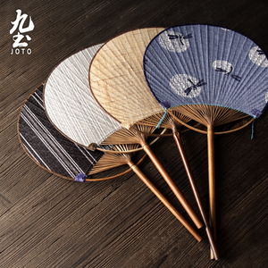 中式手工团扇子古风中国风布艺棉麻双面圆形古典扇手绘夏季竹柄扇