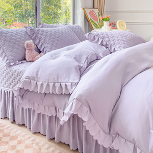 韩版棉麻加棉水洗床盖四件套双层纱被套加厚床单春秋新款床上用品