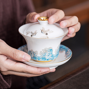 领艺祥鹤观海三才盖碗茶杯陶瓷家用德化白瓷单个大号送礼功夫茶具