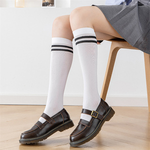条纹袜子女白色二杠小腿袜日系学院风jk中筒袜春夏薄款天鹅绒长筒