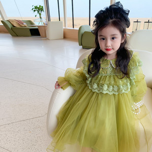 女小童蕾丝娃娃领公主裙2023春款女孩气质仙女裙果绿色蓬蓬纱裙潮