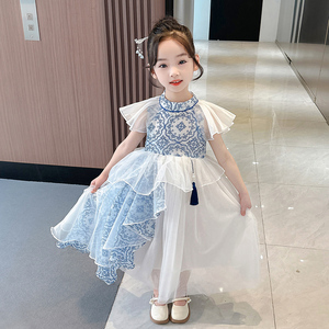 女小童青花瓷连衣裙2024夏季新款小女孩新中式六一舞蹈蓬蓬公主裙