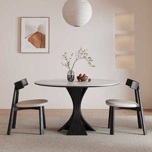 法式复古实木岩板圆桌小户型家用奶油风圆形餐桌意式极简洽谈桌椅