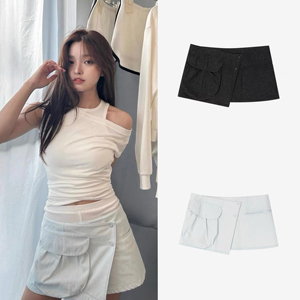 韩国代购 GROVE 新款 Denim Wrap不规则口袋设计半身裙短裙