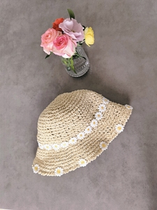原创夏季草帽子手工编织小雏菊花可折叠儿童女士亲子款防晒遮阳