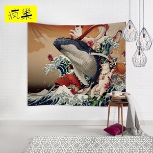 日本和式日式浮世绘蓝鲸海浪挂布墙面背景装饰画刺青挂毯酒吧桌布