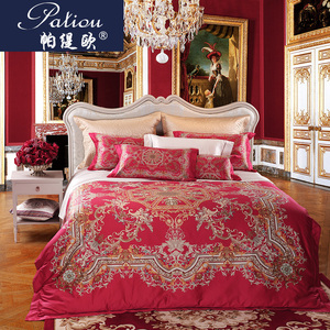 帕缇欧北欧四件套公主红色婚庆床品床单被罩纯棉床上用品结婚贡缎