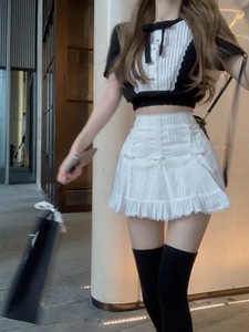 Lisa同款白色半身裙女春夏季新款设计感蕾丝花边拼接短裙