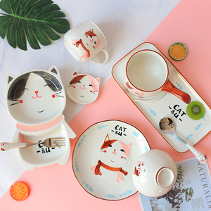 AMH萌小猫 手绘釉下彩卡通图案陶瓷碗盘 浮雕立体造型萌系套装