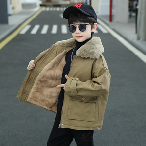 韩国男童秋冬装加绒外套2023新款中大童冬季加厚毛领派克服棉服潮