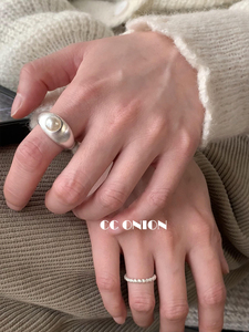 韩版小众设计自制款气质雪山圆弧拉丝珍珠戒指时髦指环S925纯银