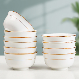 唐山骨瓷碗家用5英寸吃饭碗陶瓷碗碟套装2024新款金边6面碗餐具盘