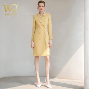 wq春秋高端黄色连衣裙女长袖职业装洋气西装裙主持人工作服OL套裙