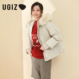 UGIZ2021冬季新品韩版女装休闲时尚连帽拼毛织羽绒服女UDYE925