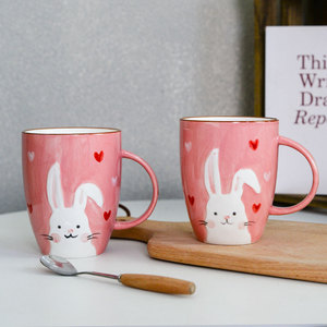 浮雕可爱兔兔水杯子 女生杯子毕业礼物粉兔陶瓷杯早餐牛奶杯卡通