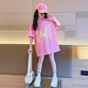 儿童女童短袖t恤粉色宽松长款百搭洋气时髦儿童潮流时尚韩版上衣