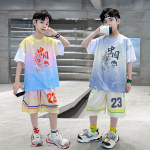 儿童篮球服套装2024夏季新款假两件速干运动球衣23号校队训练服潮