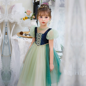 安娜公主裙女童夏季迪士尼原版绿色短袖儿童六一生日礼服冰雪奇缘