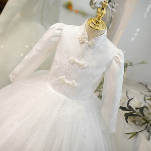 新中式女童礼服轻奢小众高端儿童公主裙白色高级感结婚花童裙长袖