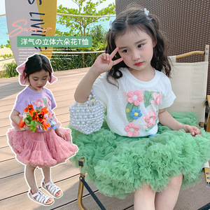 女小童韩版六朵花短款T恤夏季新款女宝宝甜美可爱T上衣洋气凸凸裙