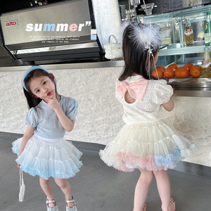 女孩夏季套装后背蝴蝶结短袖T恤搭配凸凸上衣夏装女宝 儿童tutu裙