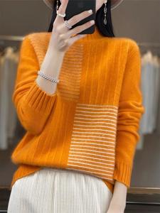 韩国外贸原单捡漏女装折扣秋冬时尚羊绒衫女半高方块拼色条纹毛衣