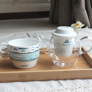 绿枫叶韩式玻璃花茶壶套装陶瓷茶漏花茶壶带2杯下午茶养生玻璃壶