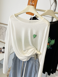 椰树立体印花~白色面膜防晒罩衫夏季慵懒风大圆领口T恤女长袖上衣